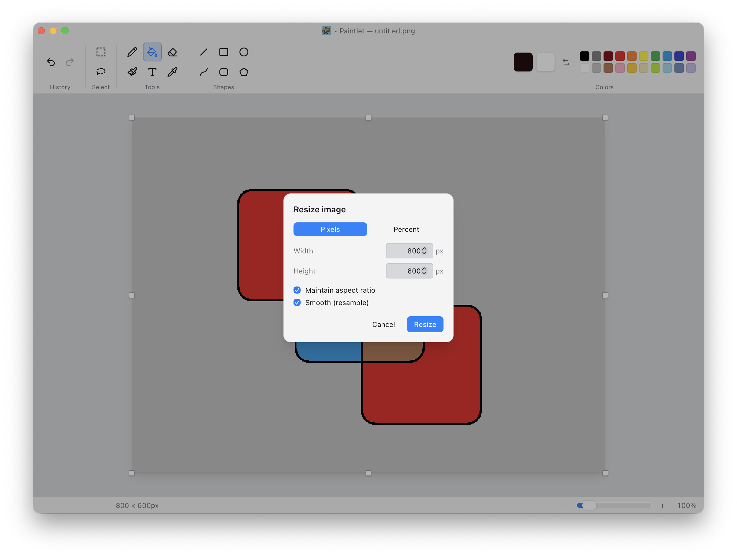 The Resize image dialog with pixel and percent modes and an aspect-ratio lock